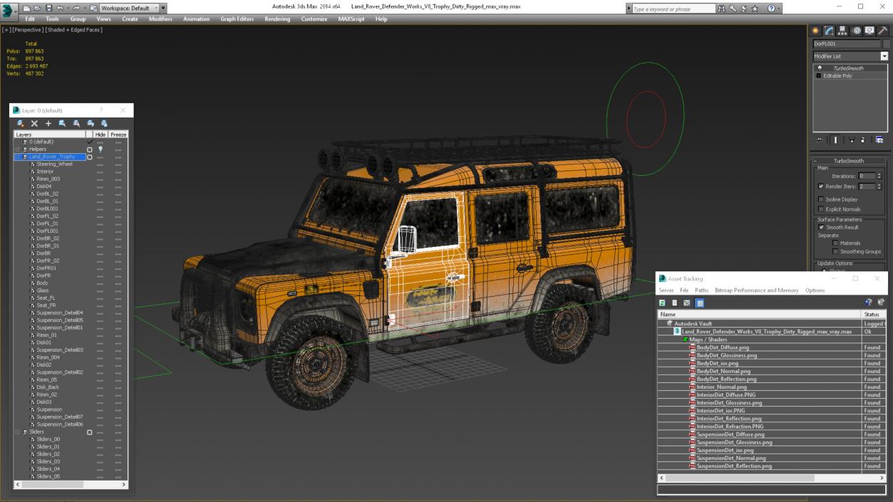 3D Land Rover Defender Works V8 Trophy Dirty Rigged model