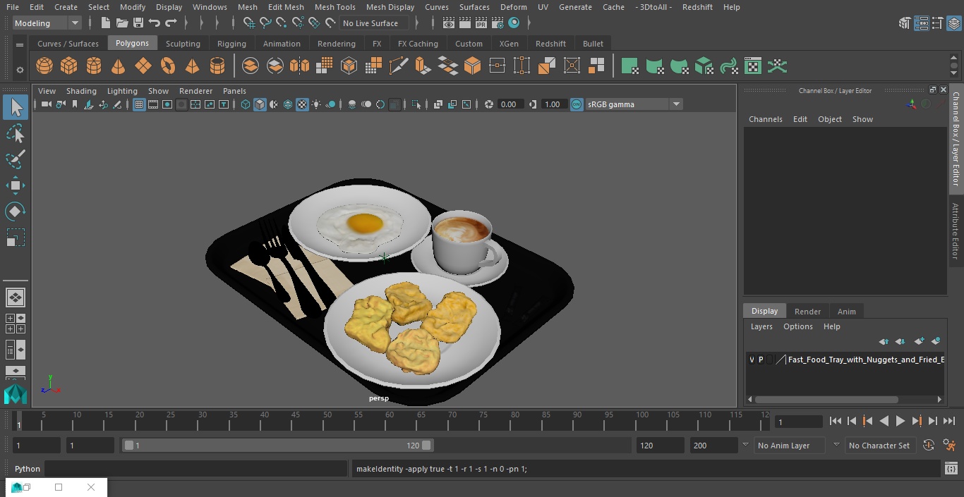 3D Fast Food Tray with Nuggets and Fried Egg