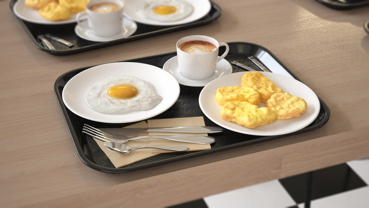 3D Fast Food Tray with Nuggets and Fried Egg