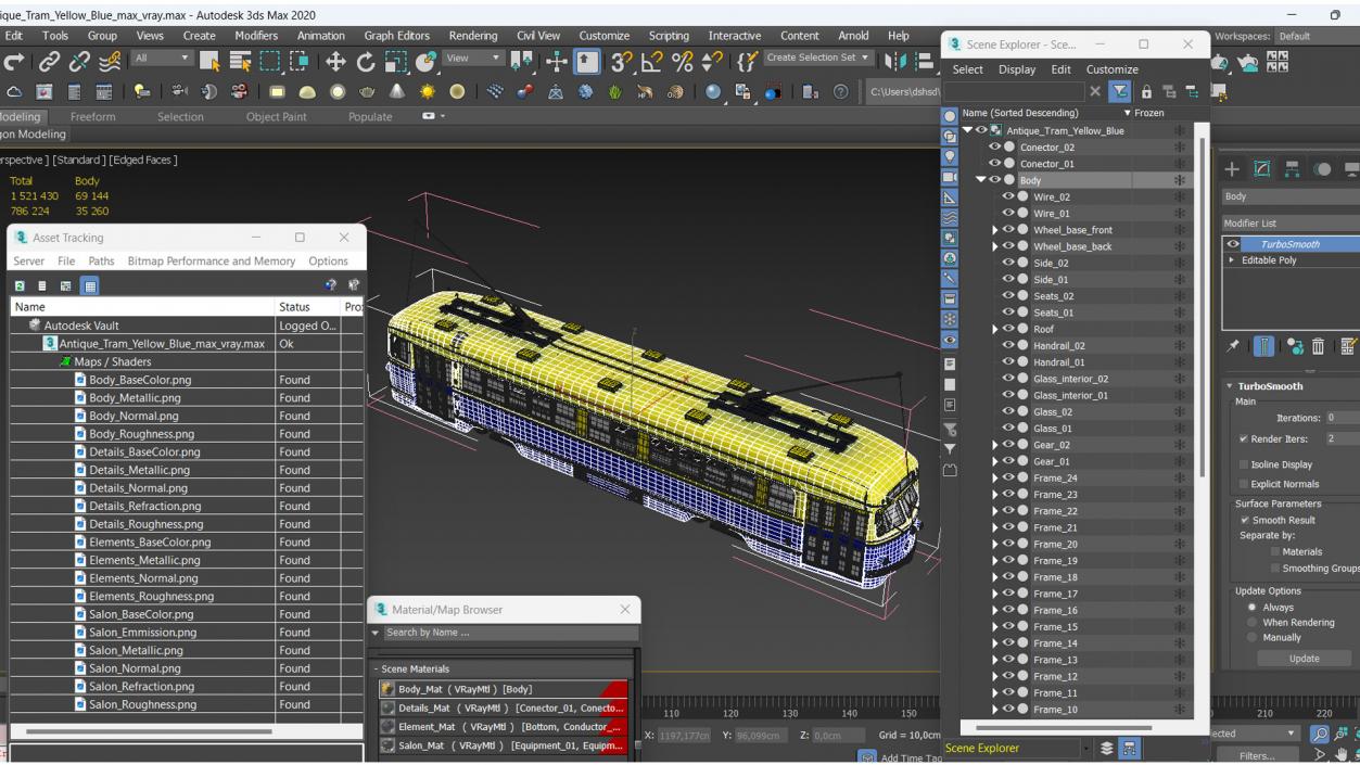 Antique Tram Yellow Blue 3D model