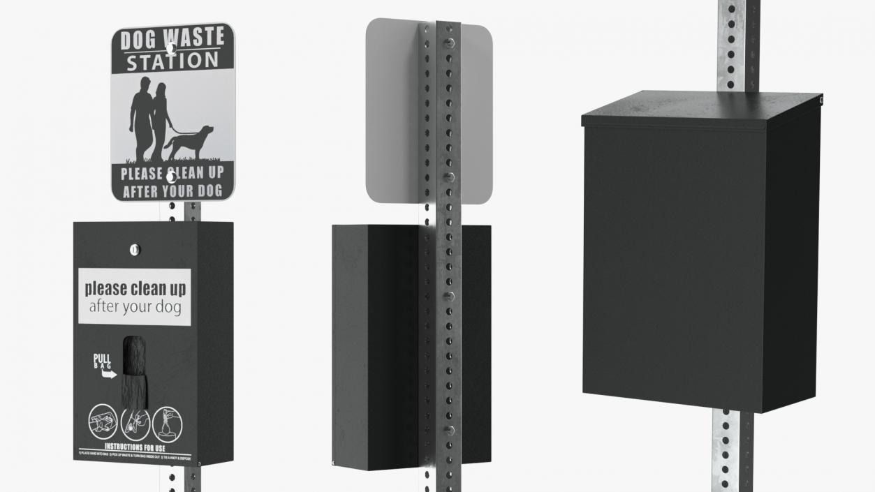 Dog Waste Station with Square Bin Black 3D model