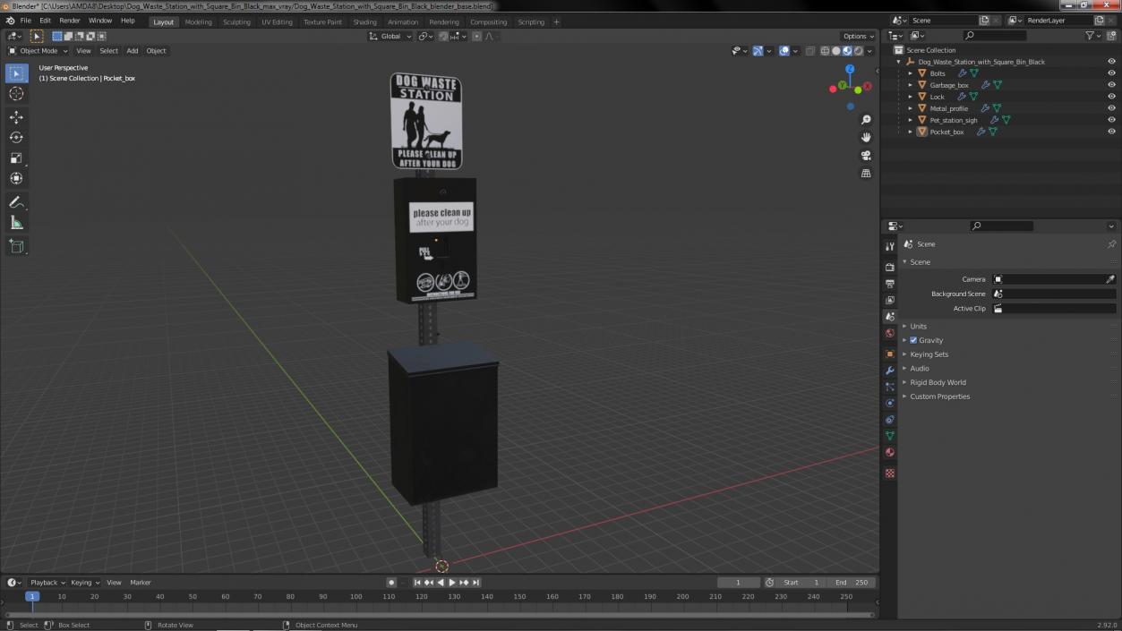 Dog Waste Station with Square Bin Black 3D model