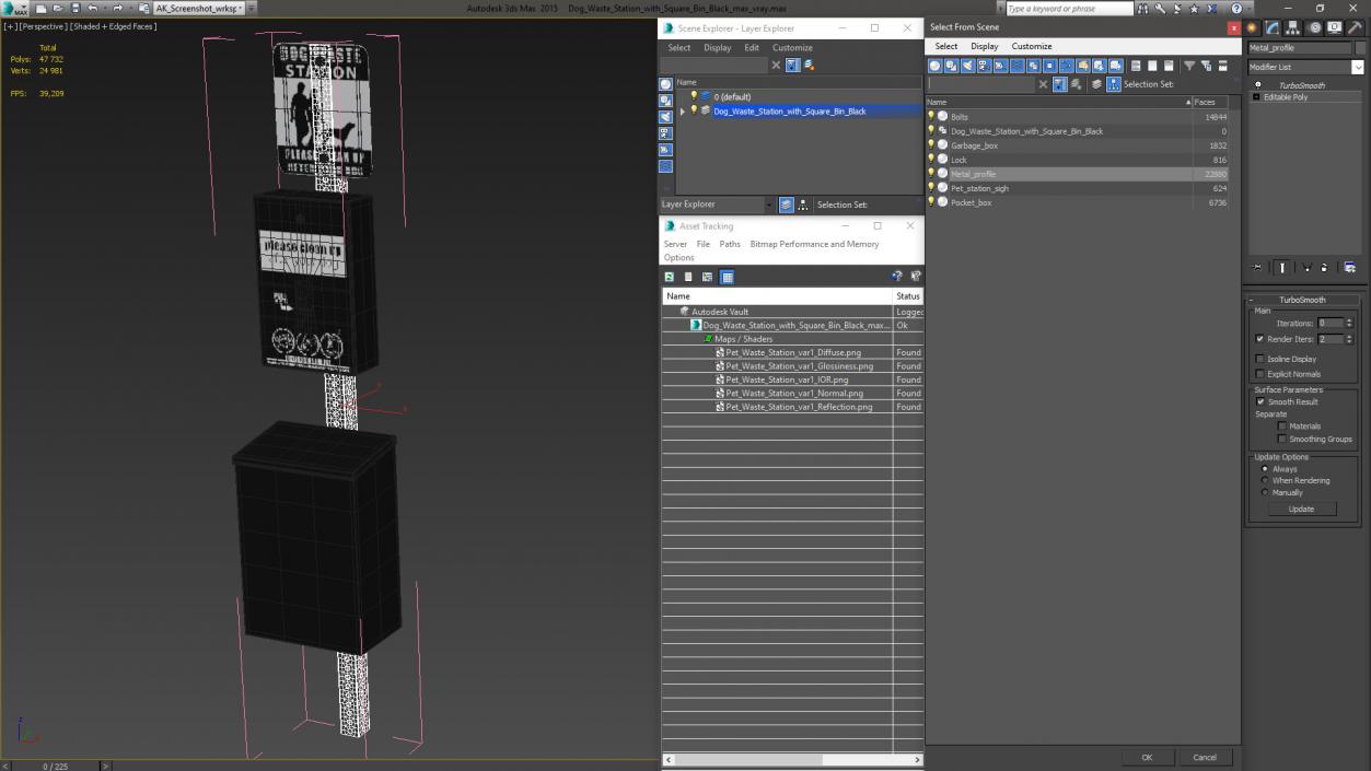 Dog Waste Station with Square Bin Black 3D model