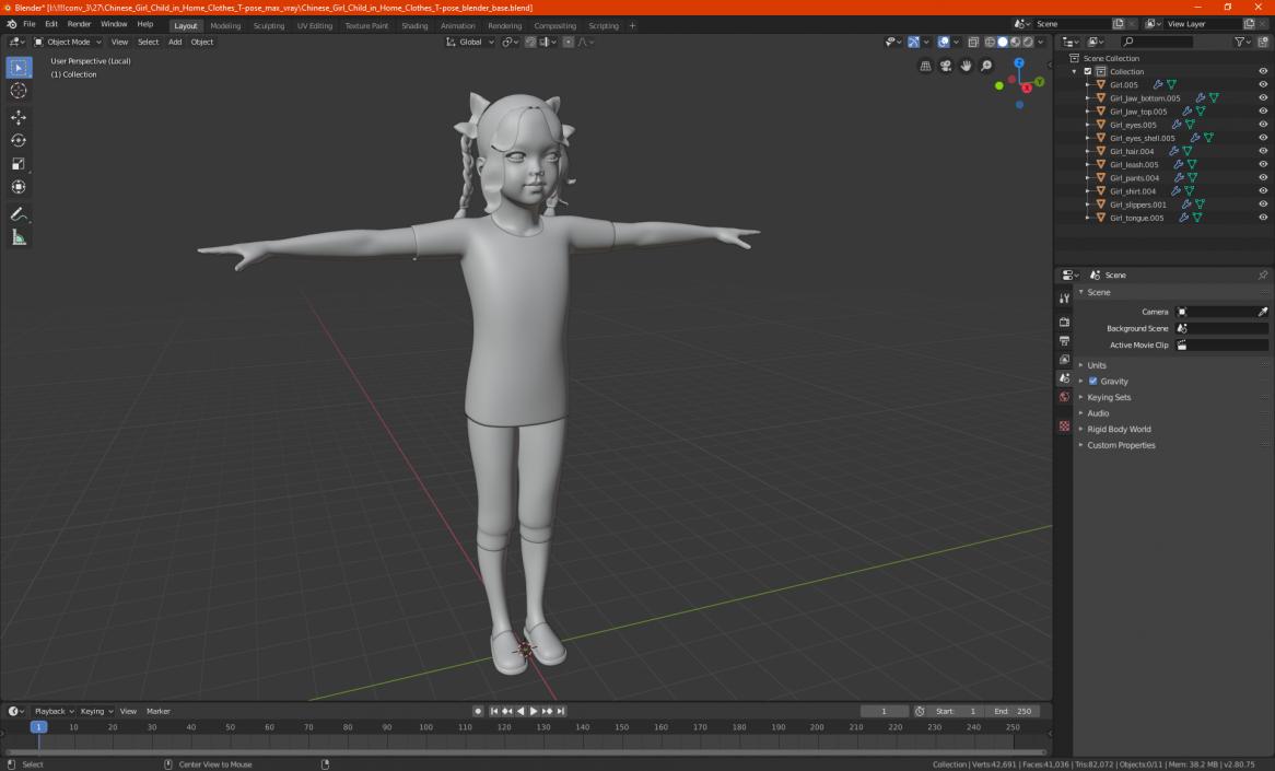 3D Chinese Girl Child in Home Clothes T-pose