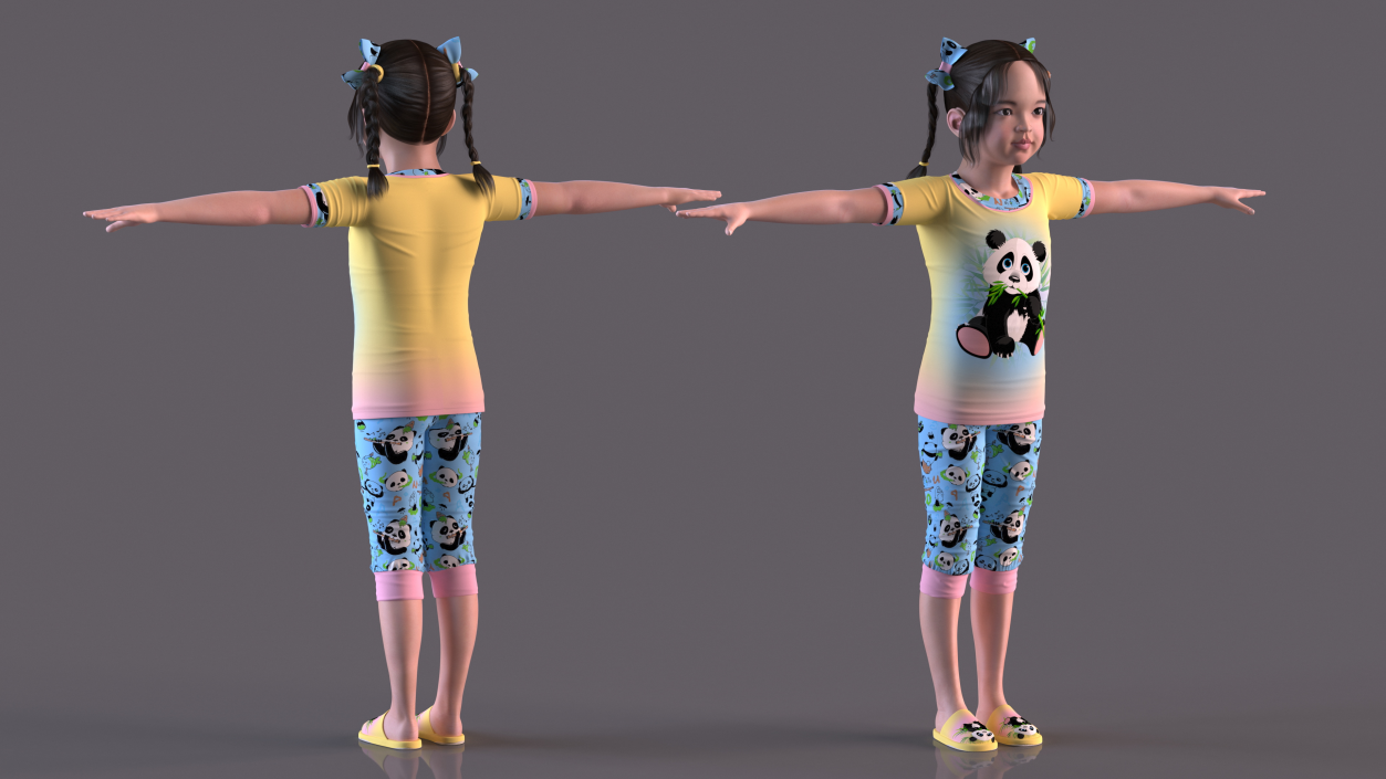 3D Chinese Girl Child in Home Clothes T-pose