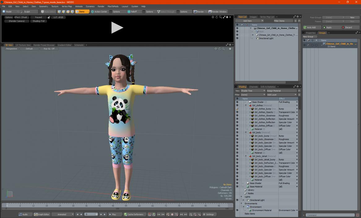 3D Chinese Girl Child in Home Clothes T-pose