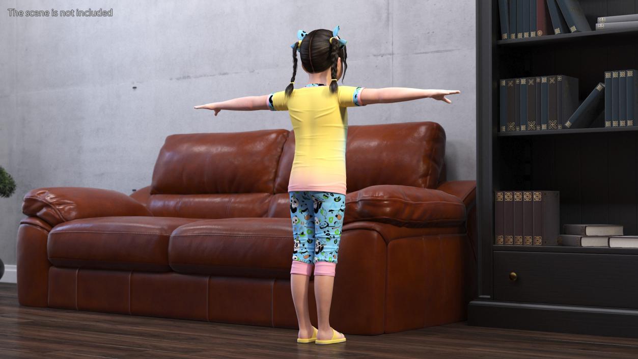 3D Chinese Girl Child in Home Clothes T-pose