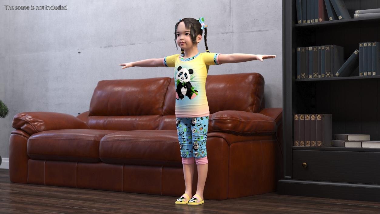 3D Chinese Girl Child in Home Clothes T-pose