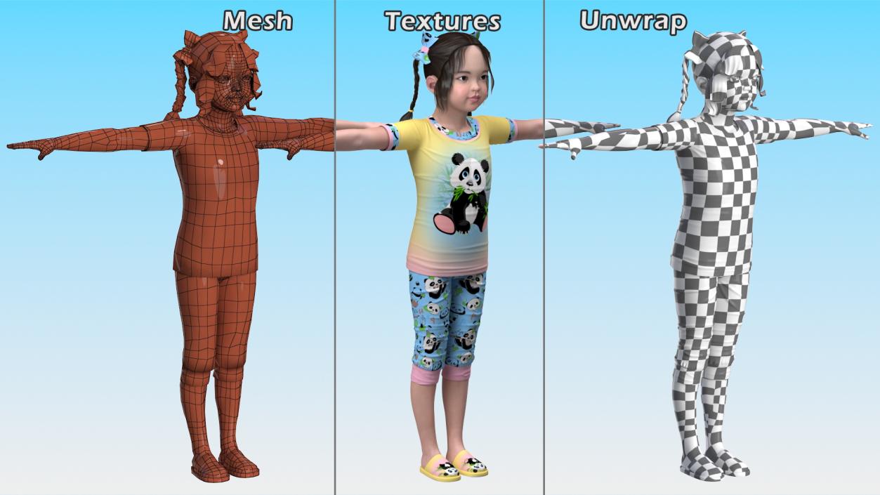 3D Chinese Girl Child in Home Clothes T-pose