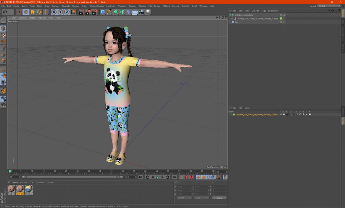 3D Chinese Girl Child in Home Clothes T-pose