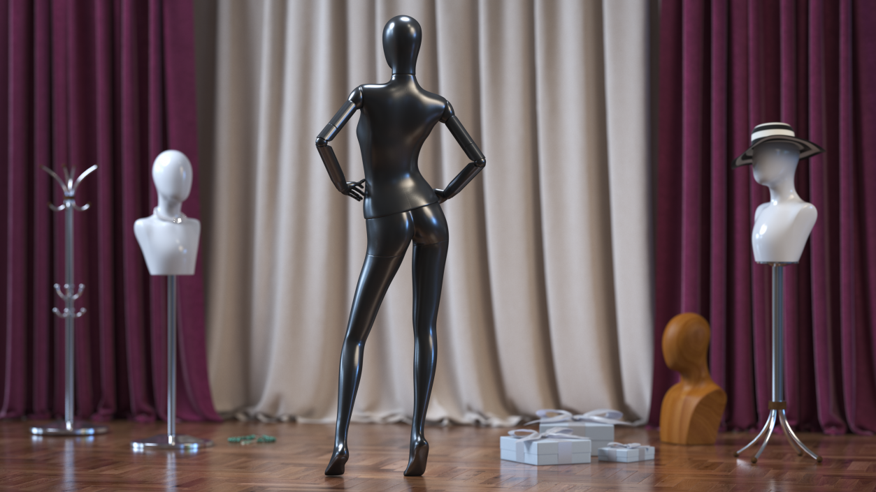 Flexible Female Mannequin Satin Black Rigged 3D model