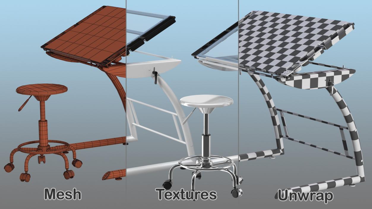 3D model Triflex Adjustable Glass Drawing Table with Stool White