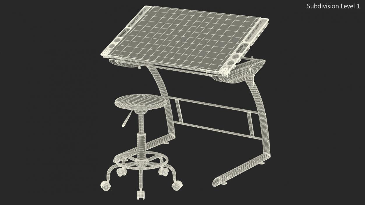 3D model Triflex Adjustable Glass Drawing Table with Stool White