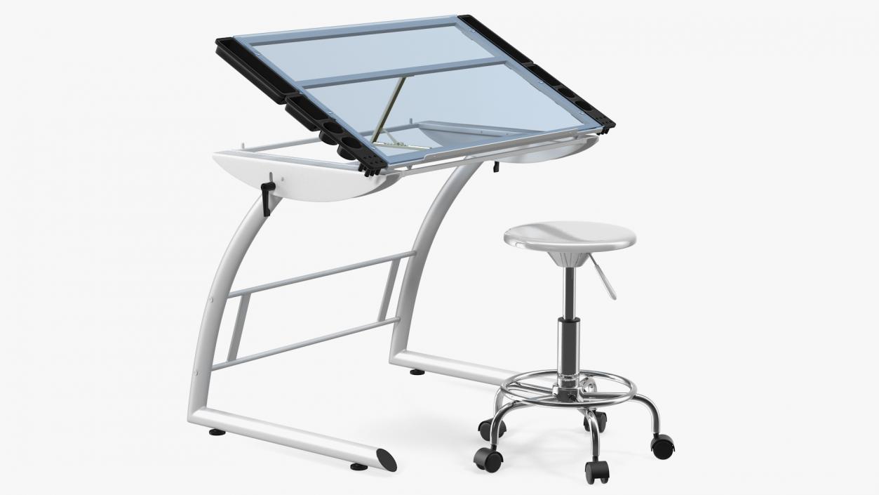 3D model Triflex Adjustable Glass Drawing Table with Stool White