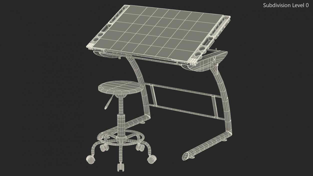 3D model Triflex Adjustable Glass Drawing Table with Stool White