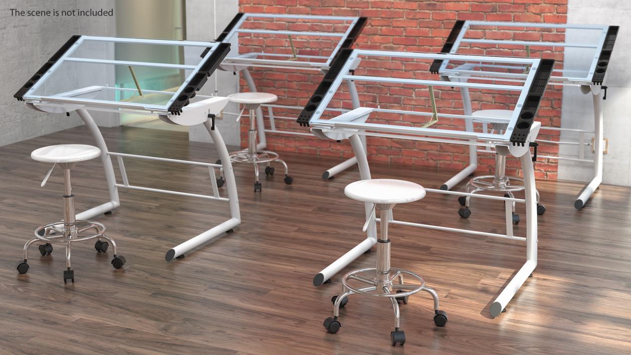 3D model Triflex Adjustable Glass Drawing Table with Stool White