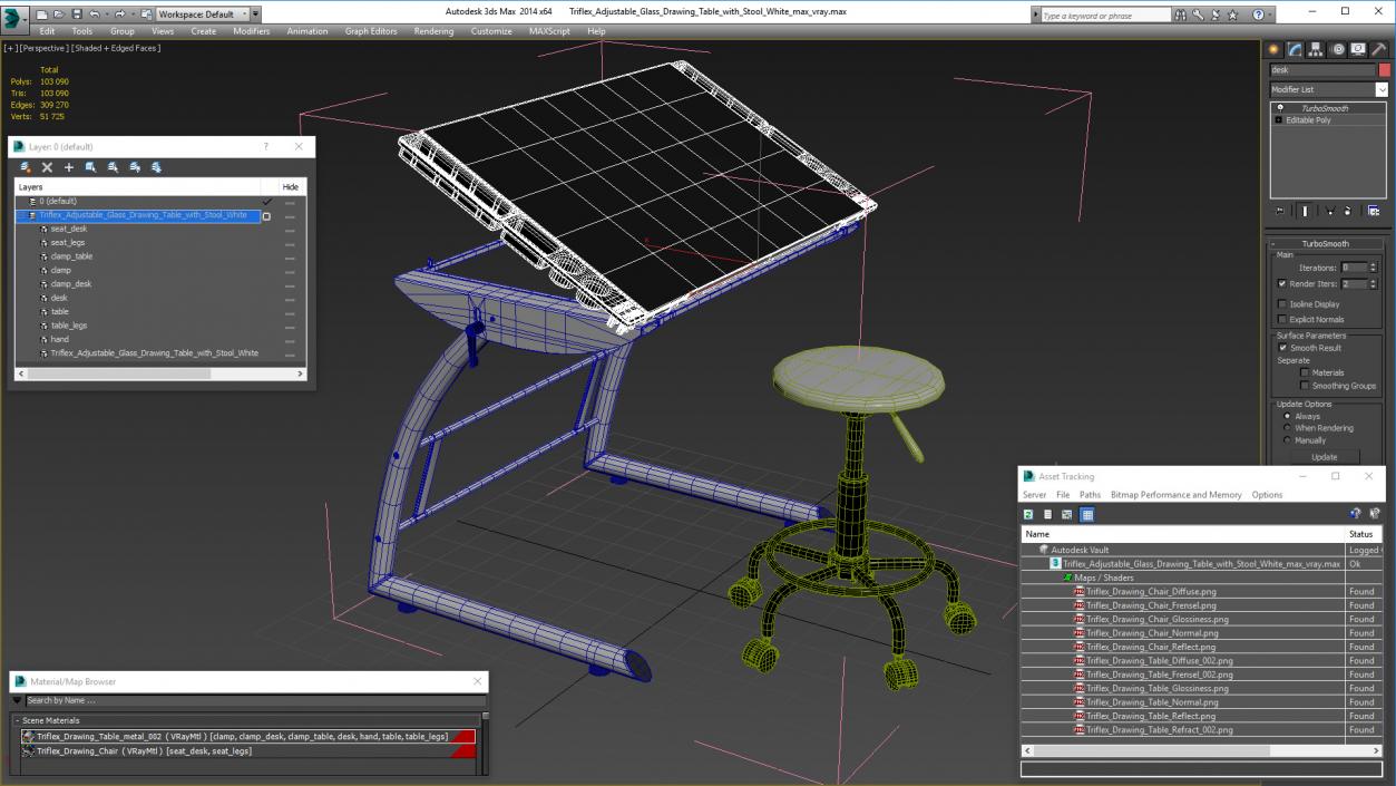 3D model Triflex Adjustable Glass Drawing Table with Stool White