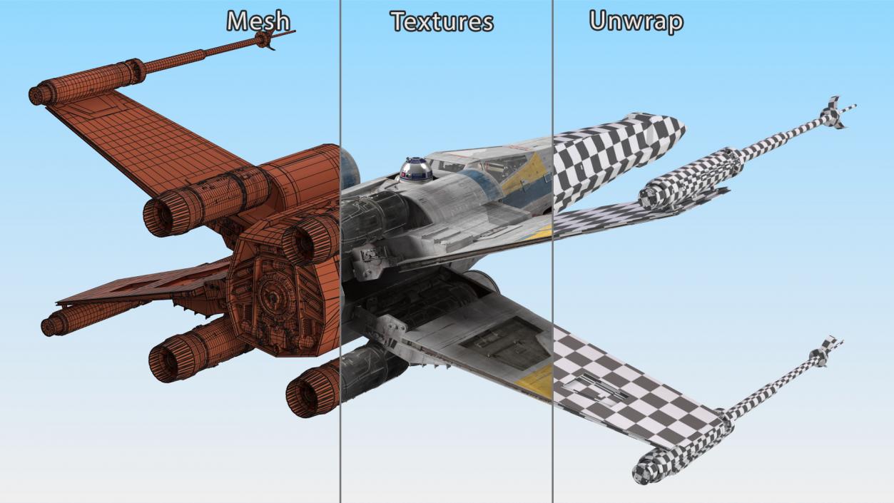 Space Fighter X-Wing Starship with R2-D2 Rigged 3D