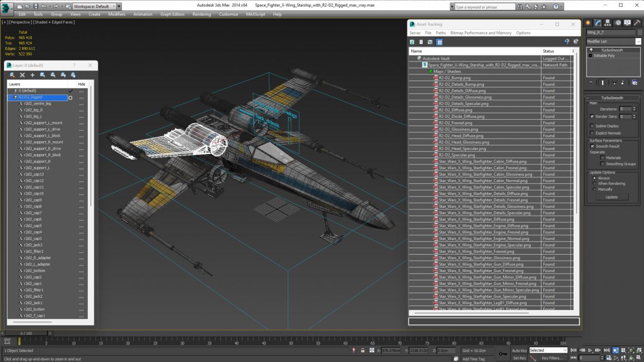 Space Fighter X-Wing Starship with R2-D2 Rigged 3D