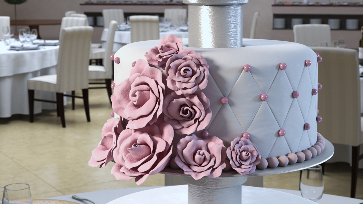 Three Tier Floral Wedding Cake with Topper 3D