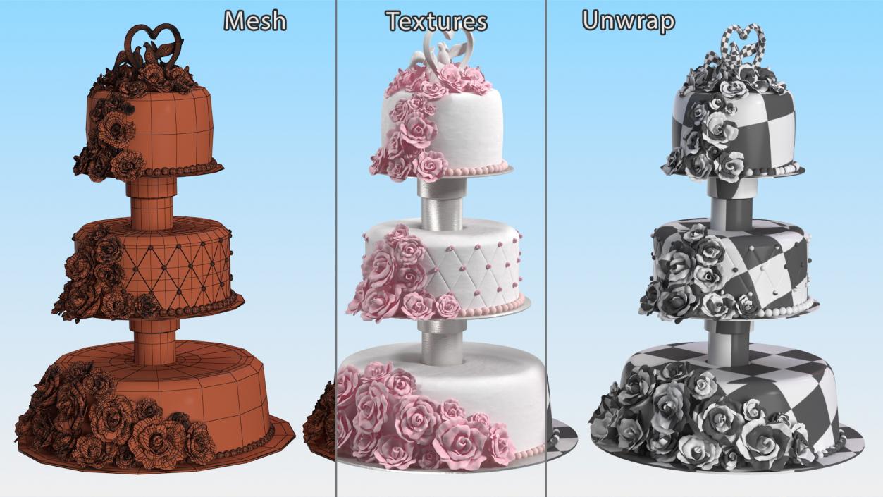 Three Tier Floral Wedding Cake with Topper 3D