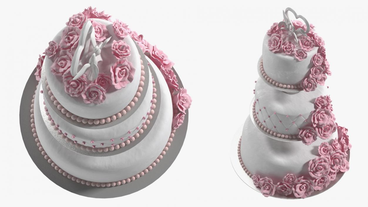 Three Tier Floral Wedding Cake with Topper 3D