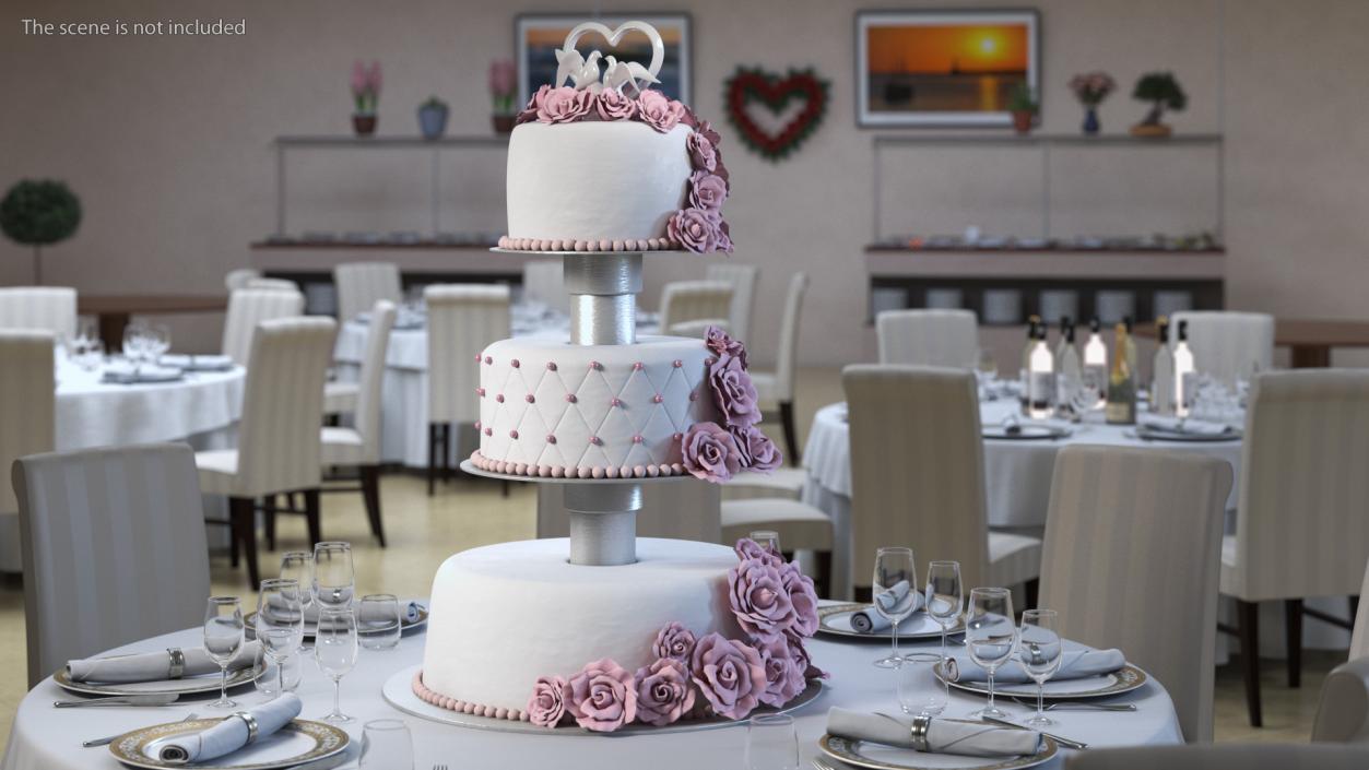 Three Tier Floral Wedding Cake with Topper 3D