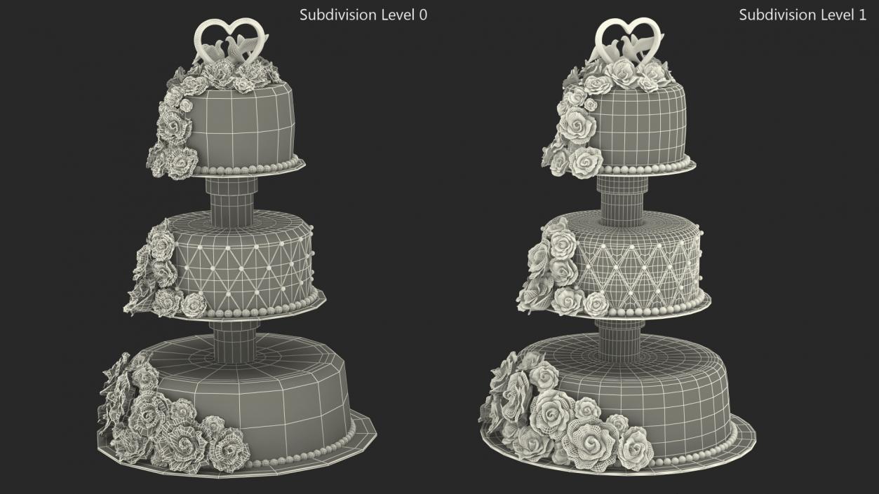 Three Tier Floral Wedding Cake with Topper 3D