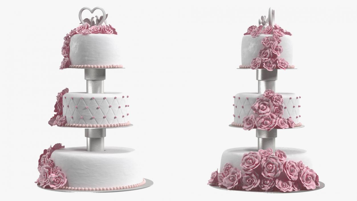 Three Tier Floral Wedding Cake with Topper 3D