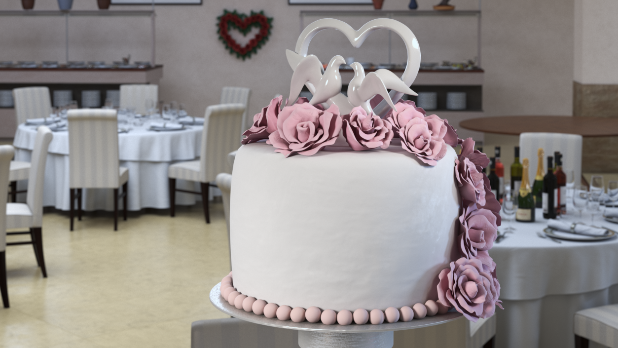 Three Tier Floral Wedding Cake with Topper 3D