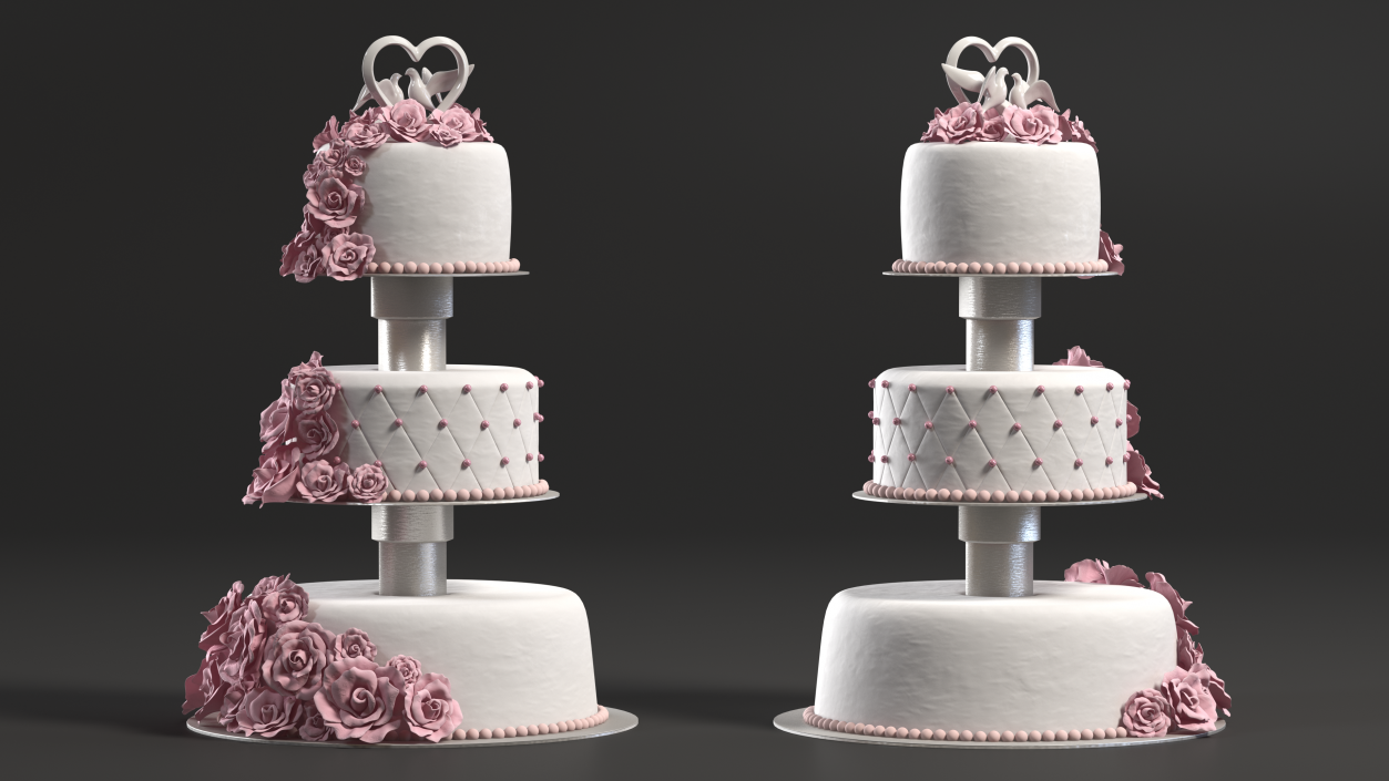 Three Tier Floral Wedding Cake with Topper 3D