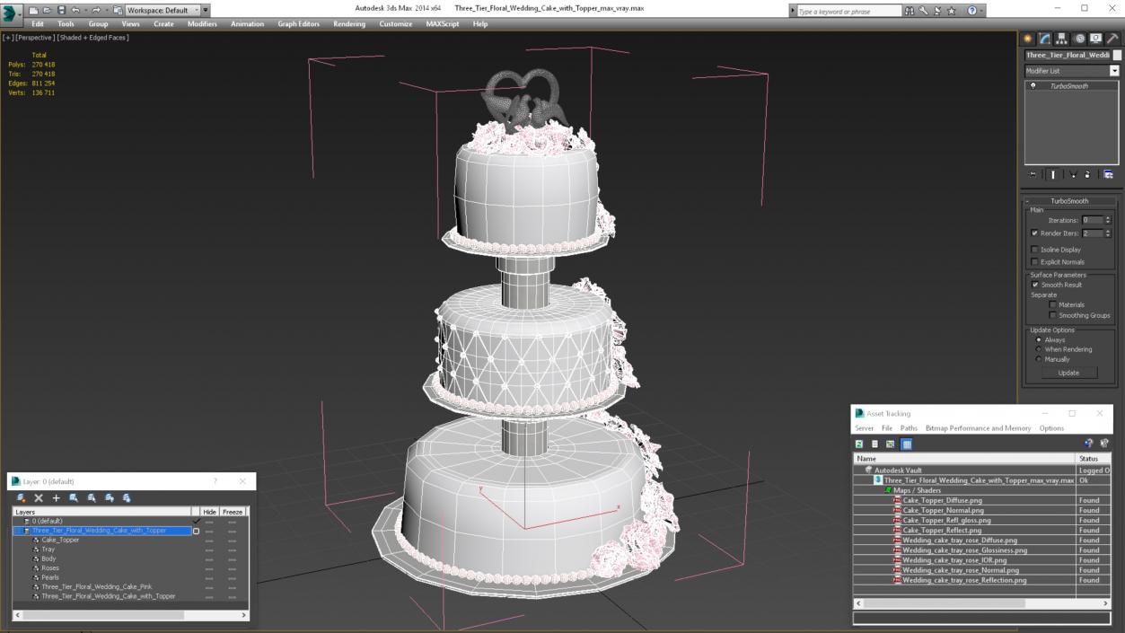 Three Tier Floral Wedding Cake with Topper 3D