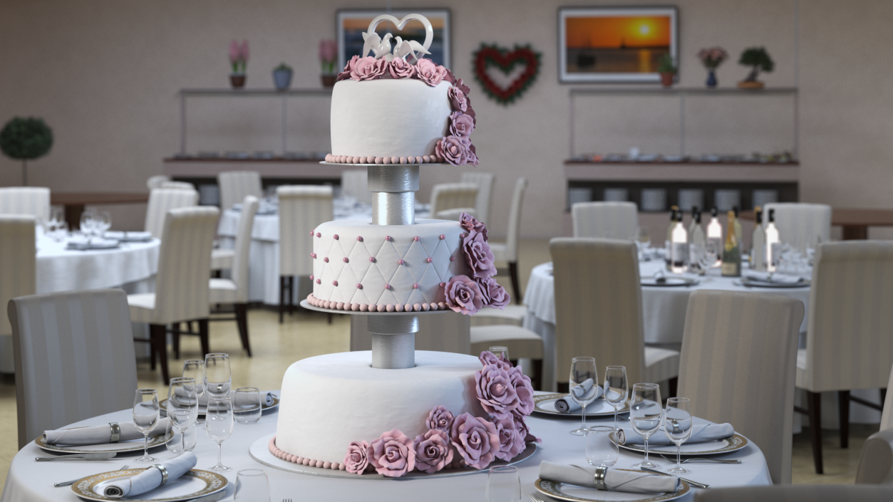 Three Tier Floral Wedding Cake with Topper 3D