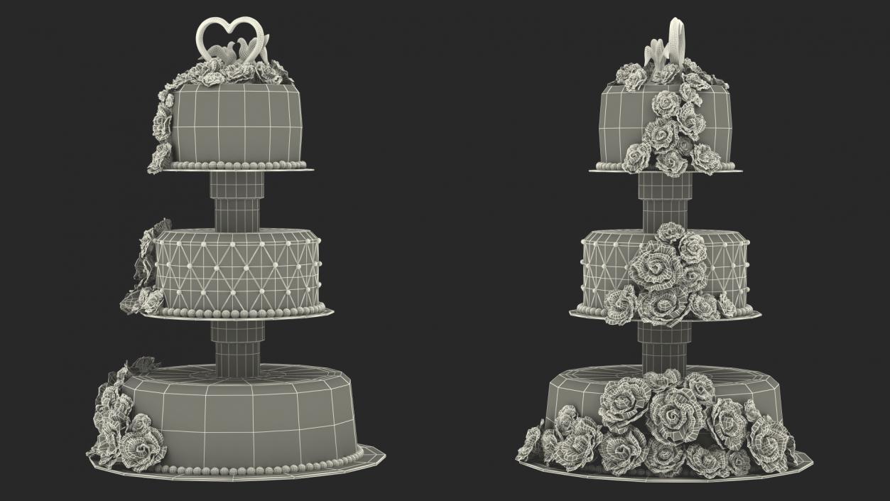 Three Tier Floral Wedding Cake with Topper 3D