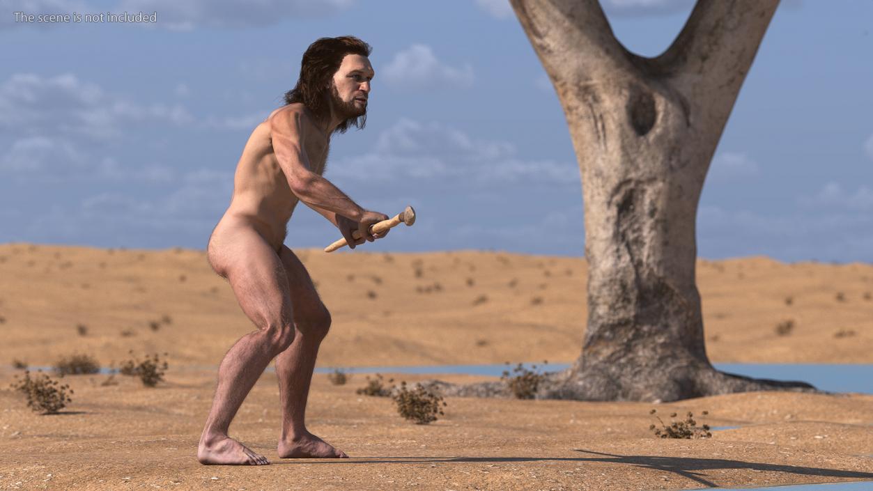 3D Cromagnon Man Holding Spear Fur