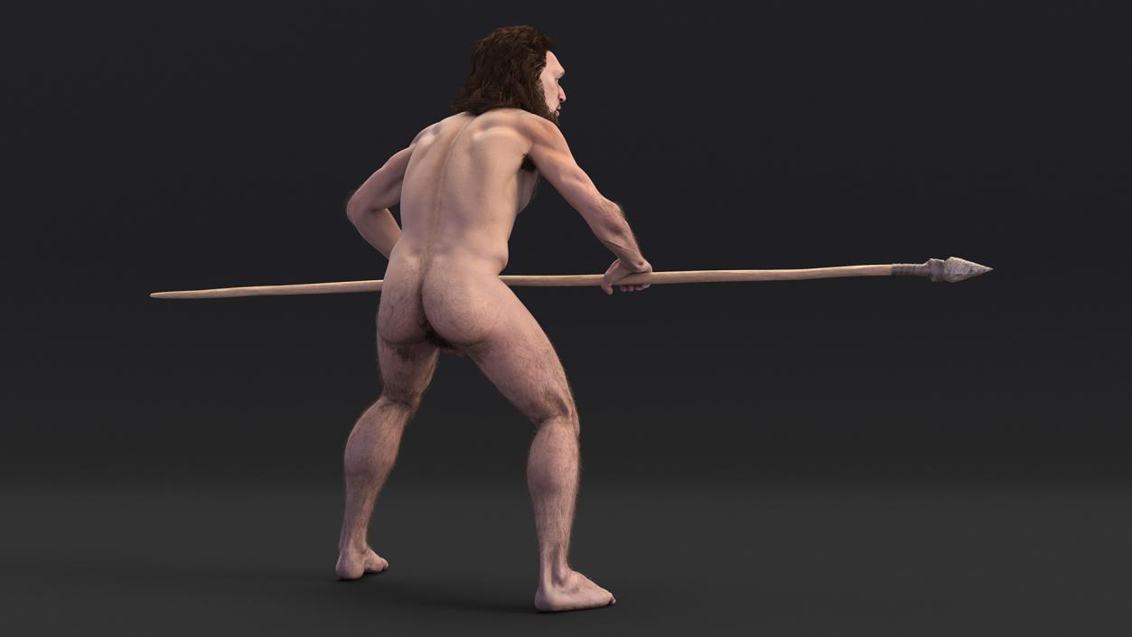 3D Cromagnon Man Holding Spear Fur