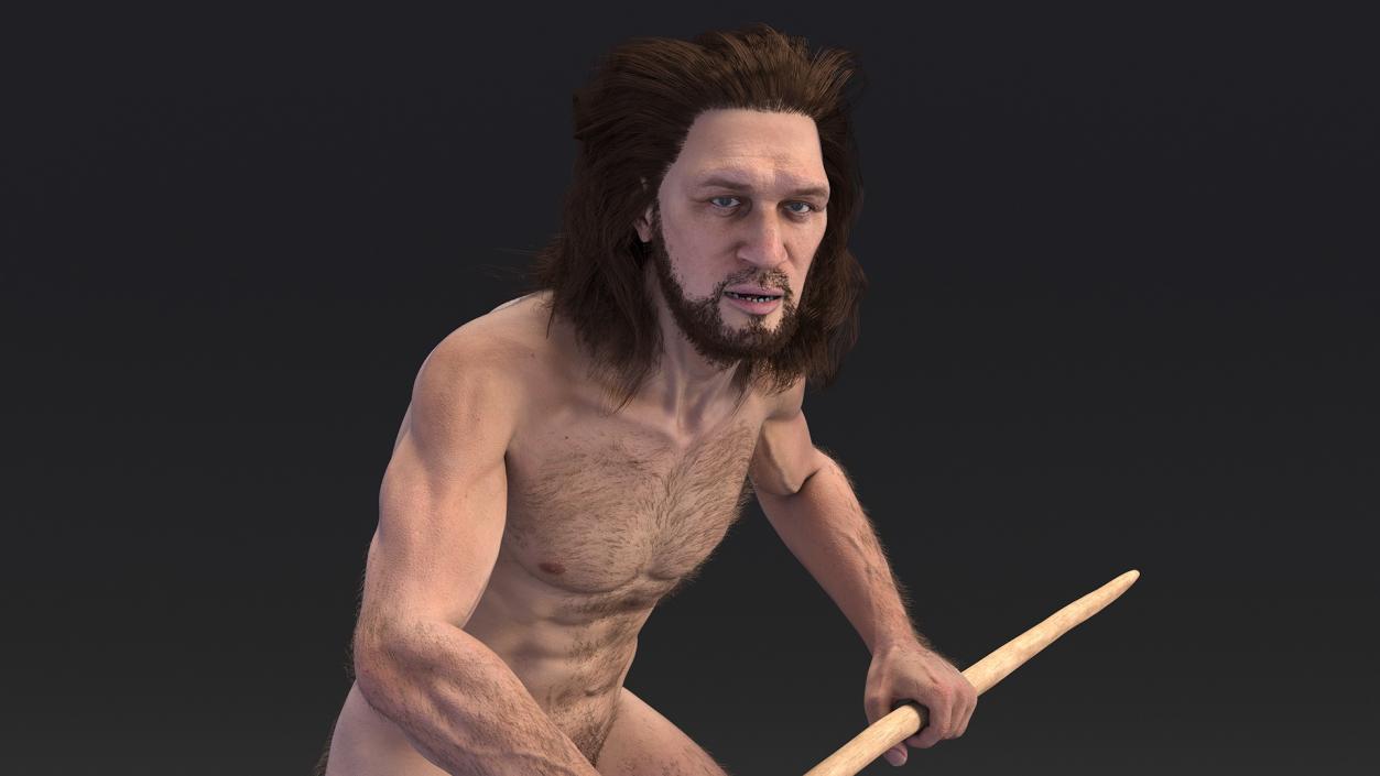 3D Cromagnon Man Holding Spear Fur