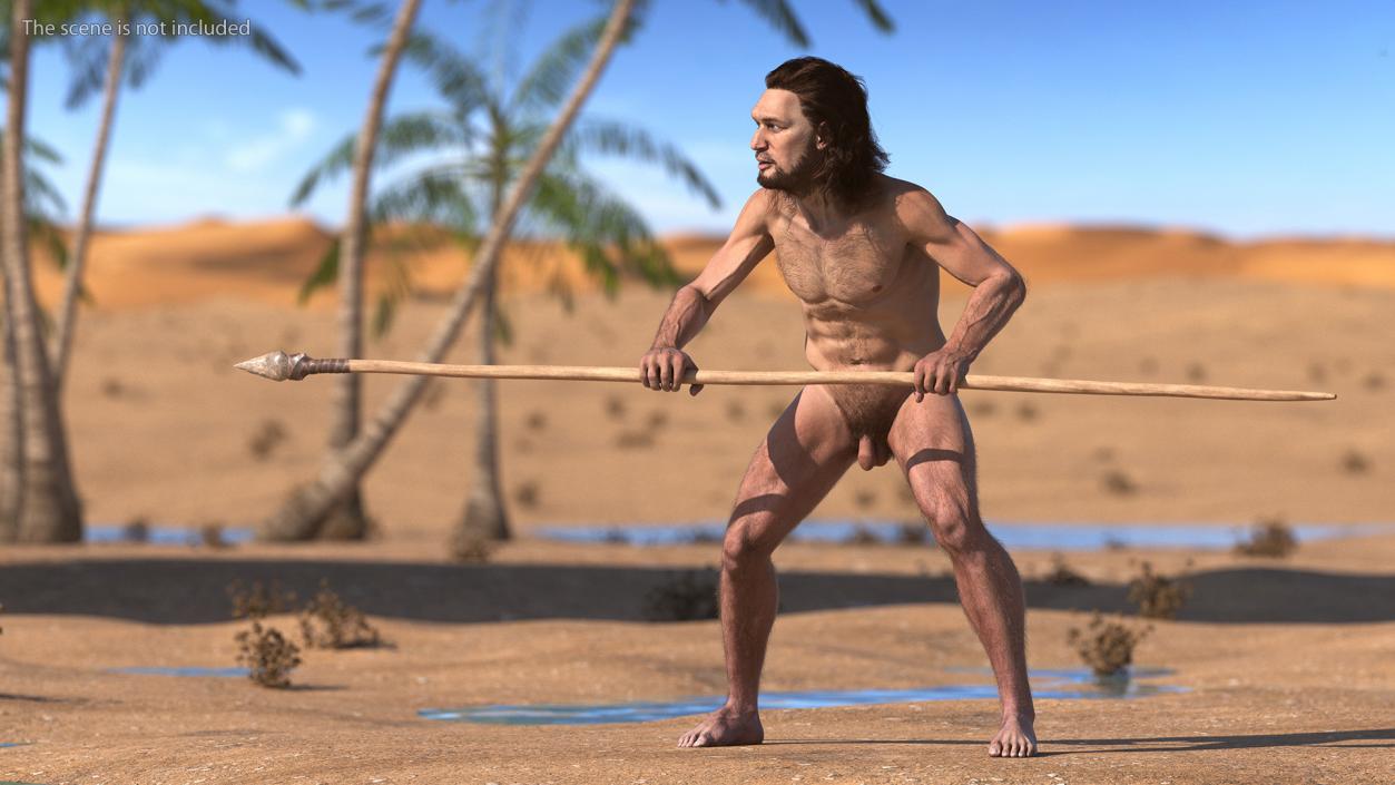 3D Cromagnon Man Holding Spear Fur