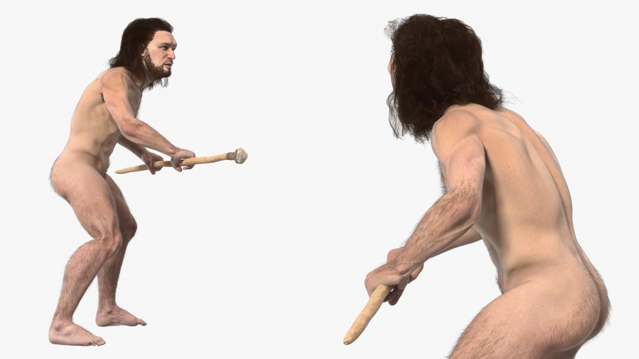 3D Cromagnon Man Holding Spear Fur