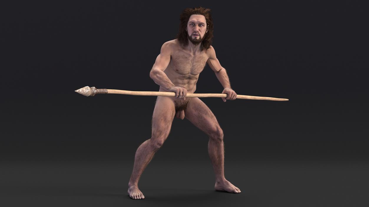 3D Cromagnon Man Holding Spear Fur