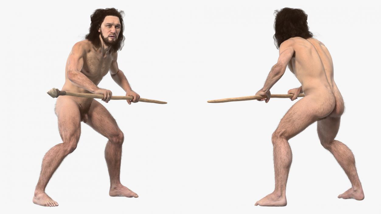 3D Cromagnon Man Holding Spear Fur