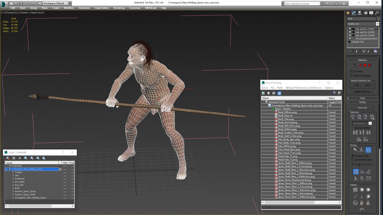 3D Cromagnon Man Holding Spear Fur