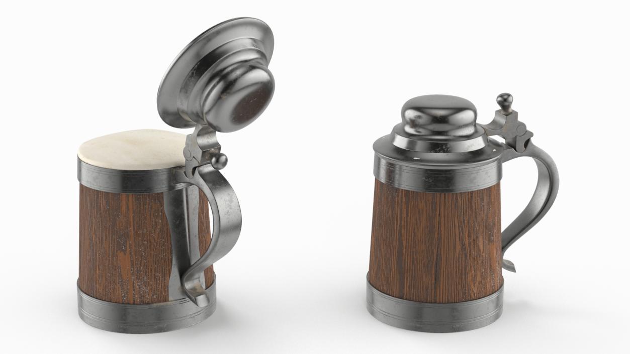 3D Antique Silver and Oak Beer Mug with Beer