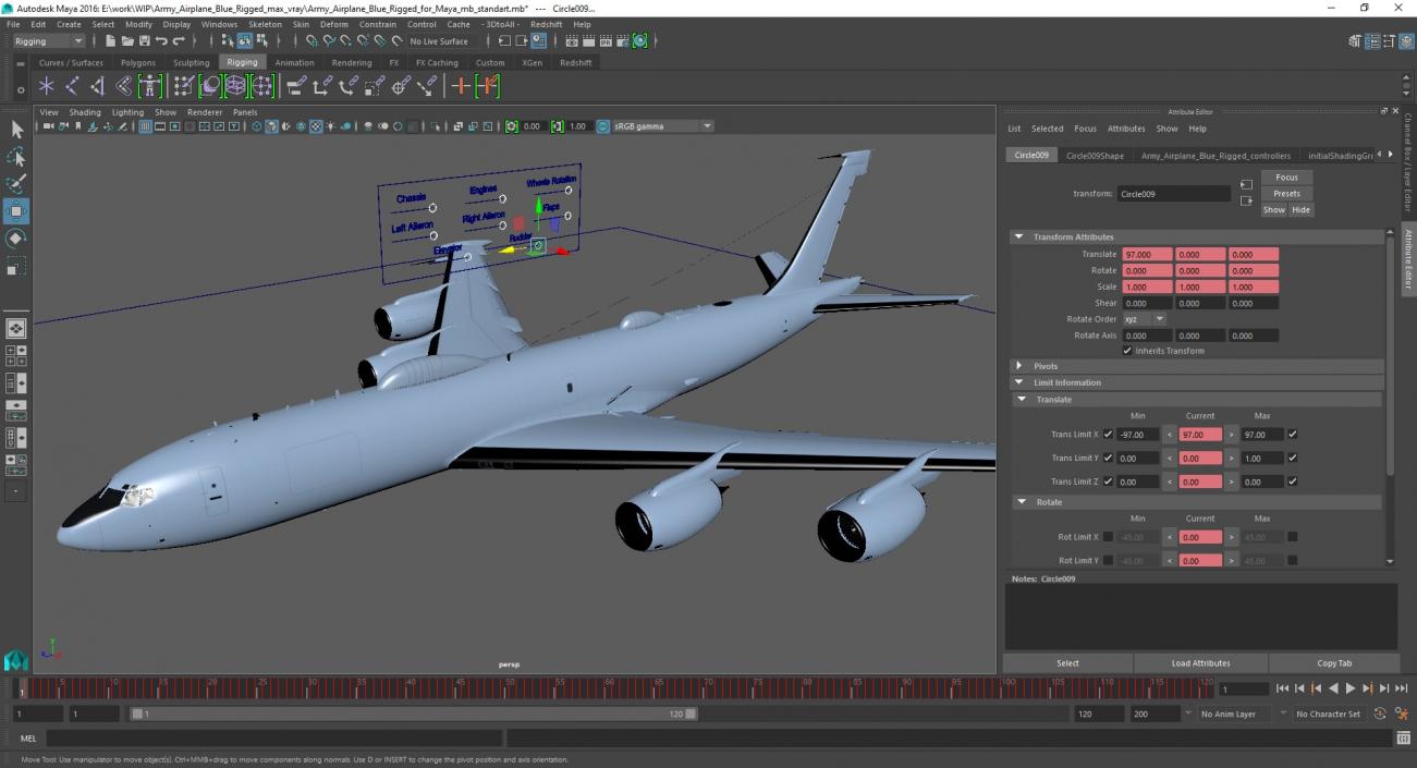 Army Airplane Blue Rigged for Maya 3D model