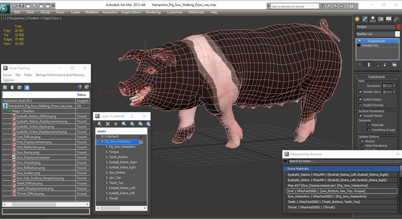 3D model Hampshire Pig Sow Walking Pose