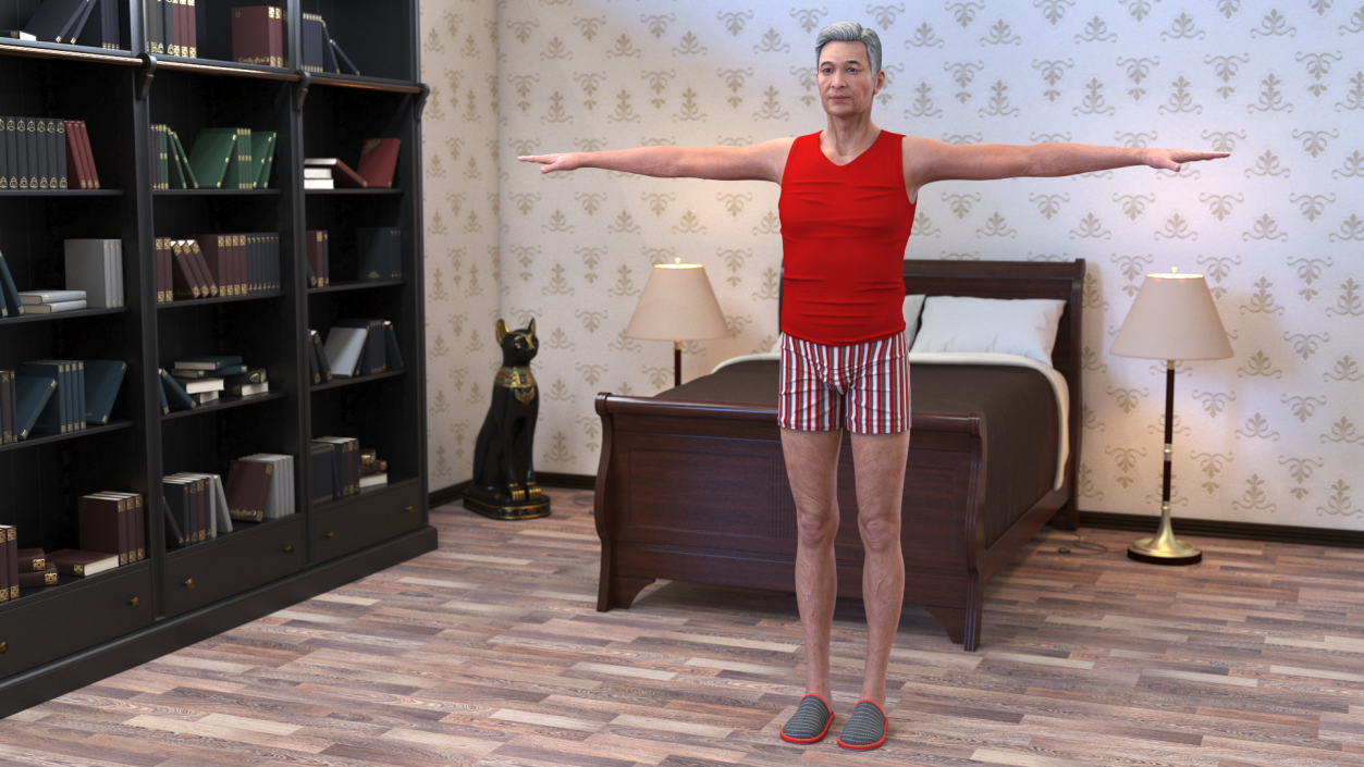 3D model Asian Old Aged Man Underwear T-Pose