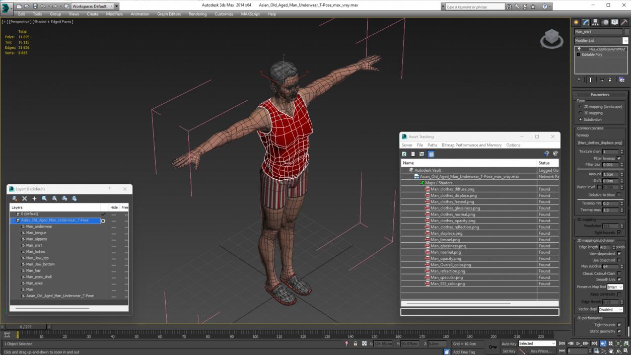 3D model Asian Old Aged Man Underwear T-Pose