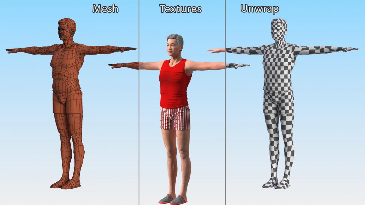 3D model Asian Old Aged Man Underwear T-Pose