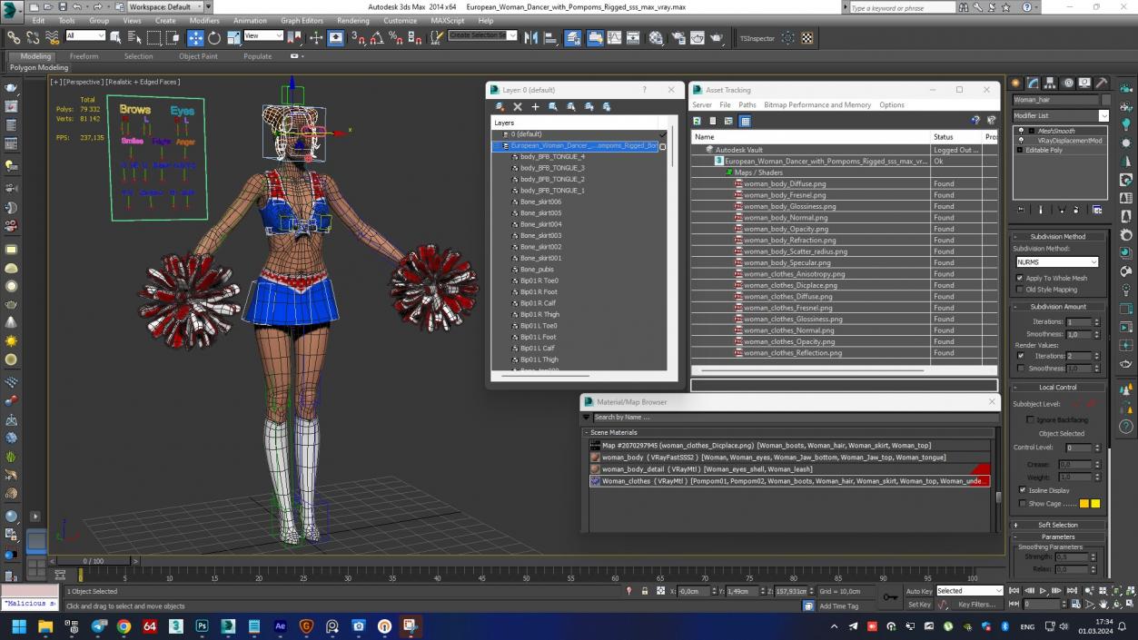 3D European Woman Dancer with Pompoms Rigged