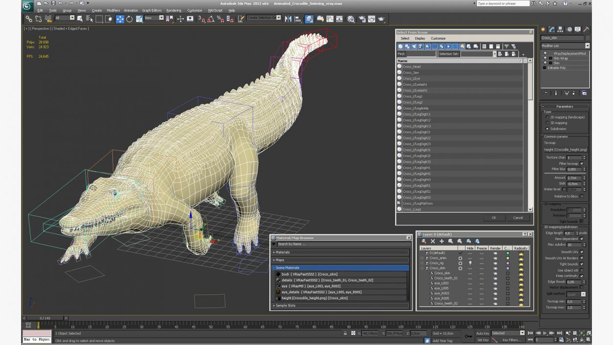 3D Animated Crocodile Swiming Rigged model